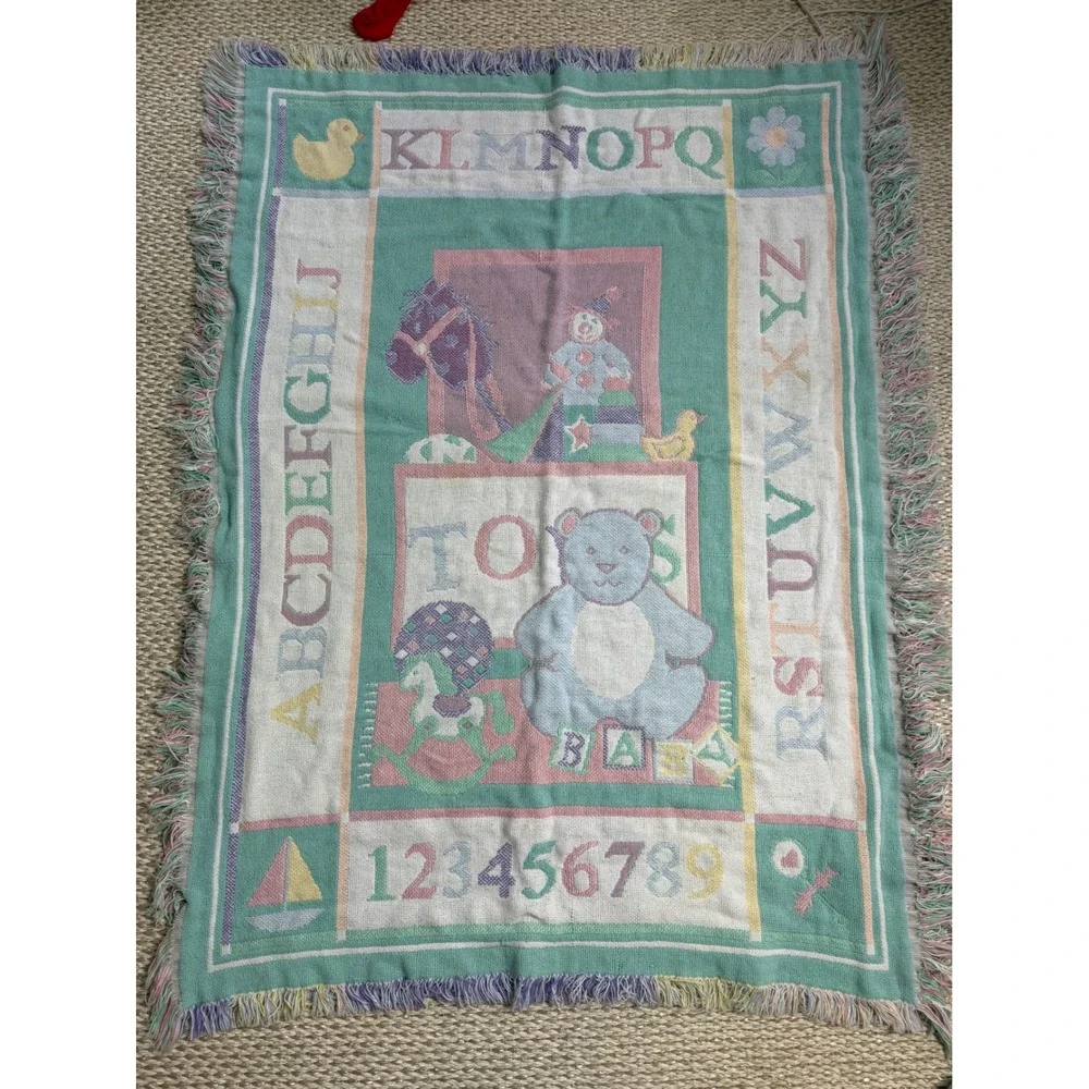 Vintage ABC Alphabet Numbers Teddy Bear Woven Tapestry Throw Blanket Pastel baby